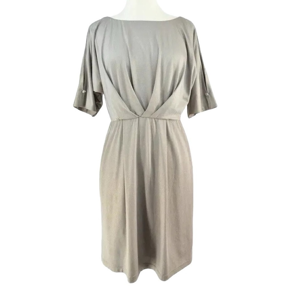 Tahari ASL Pleated Shimmer Cold Shoulder Cocktail Dress Taupe Beige Size 6